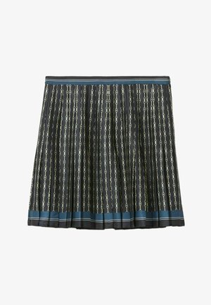 Jupe plissée noire avec un motif géométrique vert et crème, dotée d'une taille bleue unie et de rayures d'accent à l'ourlet.