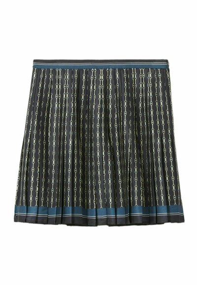 Jupe plissée noire avec un motif géométrique vert et crème, dotée d'une taille bleue unie et de rayures d'accent à l'ourlet.