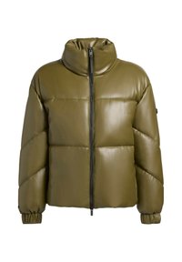 Olive green puffer jacket made of glossy material, featuring a high collar, front zipper, and elasticized cuffs with a quilted design.