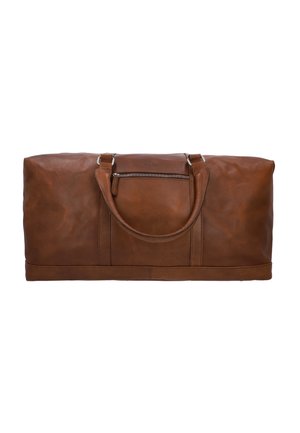 Borsa da viaggio in pelle marrone con doppi manici e tasca con zip frontale, mostrata su uno sfondo bianco.