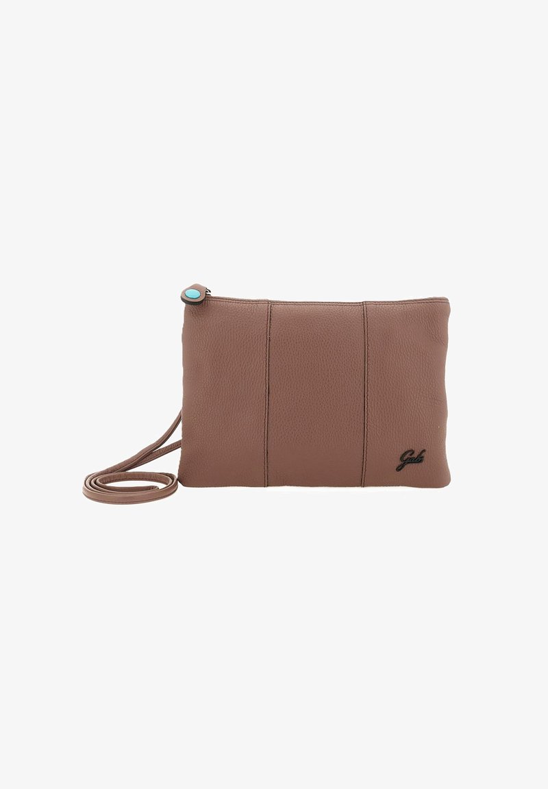 Brown leather clutch with a smooth texture, featuring a turquoise snap button and a thin shoulder strap. Logo embossed on the front.