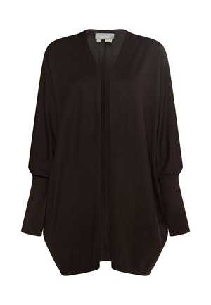 Zwarte gebreide cardigan met een V-hals, open voorkant en verlaagde schouders. Heeft een losse pasvorm en elastische manchetten voor comfort.