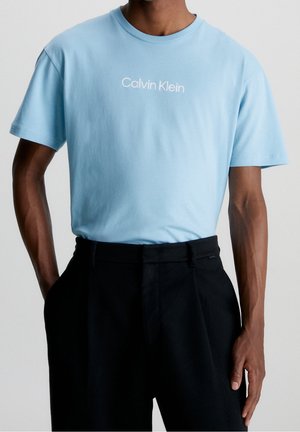 Lichtblauwe katoenen t-shirt met korte mouwen en een ronde hals, met een witte 'Calvin Klein' tekstlogo op de borst.