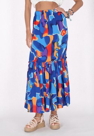 Ausgestellte Maxirock in lebhaftem Blau mit abstrakten Mustern in Orange, Lila und Petrol. Verfügt über einen gerafften Taillenbund und rüschendetail am Saum.