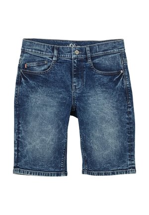 Shorts in denim di colore blu scuro con una texture sbiadita. Presentano cinque tasche, passanti per la cintura e una linea gamba dritta. Accenti strappati sul tessuto.