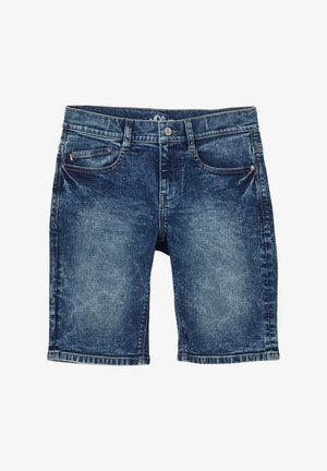 Denimshorts i mørkeblåt med en falmet tekstur. Har fem lommer, bæltestropper og et lige ben snit. Slidte detaljer på stoffet.