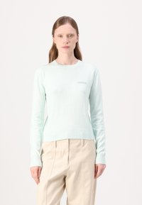Lys myntegrønn strikkegenser med rund hals, ribbestrikkede ermer og kant, med en subtil brodert logo på brystet. Glatt tekstur.