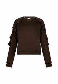 Sweat-shirt marron foncé à manches longues avec des détails à volants le long des manches et des poignets et ourlet côtelés.