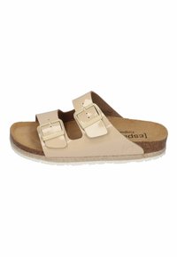 Beige slip-on sandal with two adjustable buckles, cork footbed, and textured rubber sole. Smooth upper material with a glossy finish.