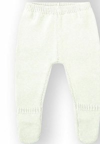 Pantalones blancos para bebé de punto suave con pies cubiertos y cintura elástica, diseñados para la comodidad y el calor del bebé.