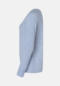 Helles Blau gestrickter Pullover mit taillierter Silhouette, gerippter Textur und langen Ärmeln. Verfügt über einen runden Halsausschnitt und Seitennähte.