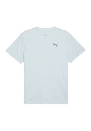 Helles blaues T-Shirt mit kurzen Ärmeln aus atmungsaktivem Material, mit einem schwarzen Puma-Logo auf der linken Brustseite. Normale Passform.