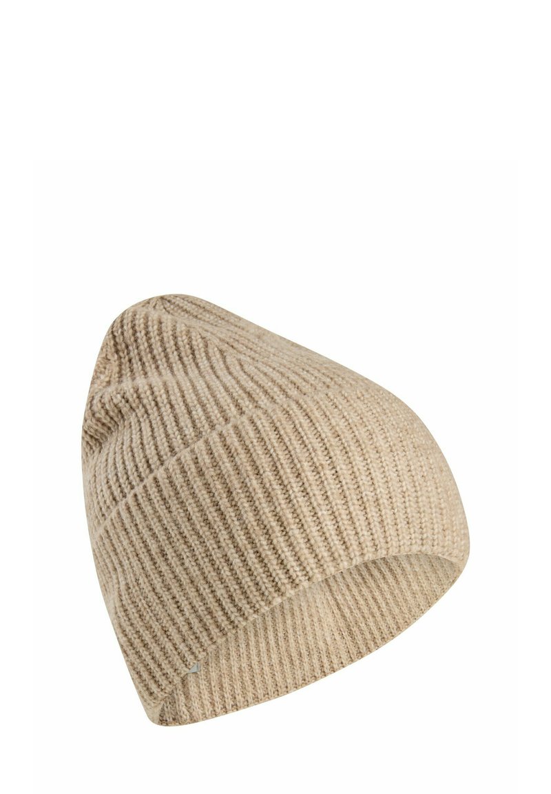 Beige knitted beanie with a ribbed texture, featuring a tapered top and a soft finish. It has a simple, seamless design without embellishments.