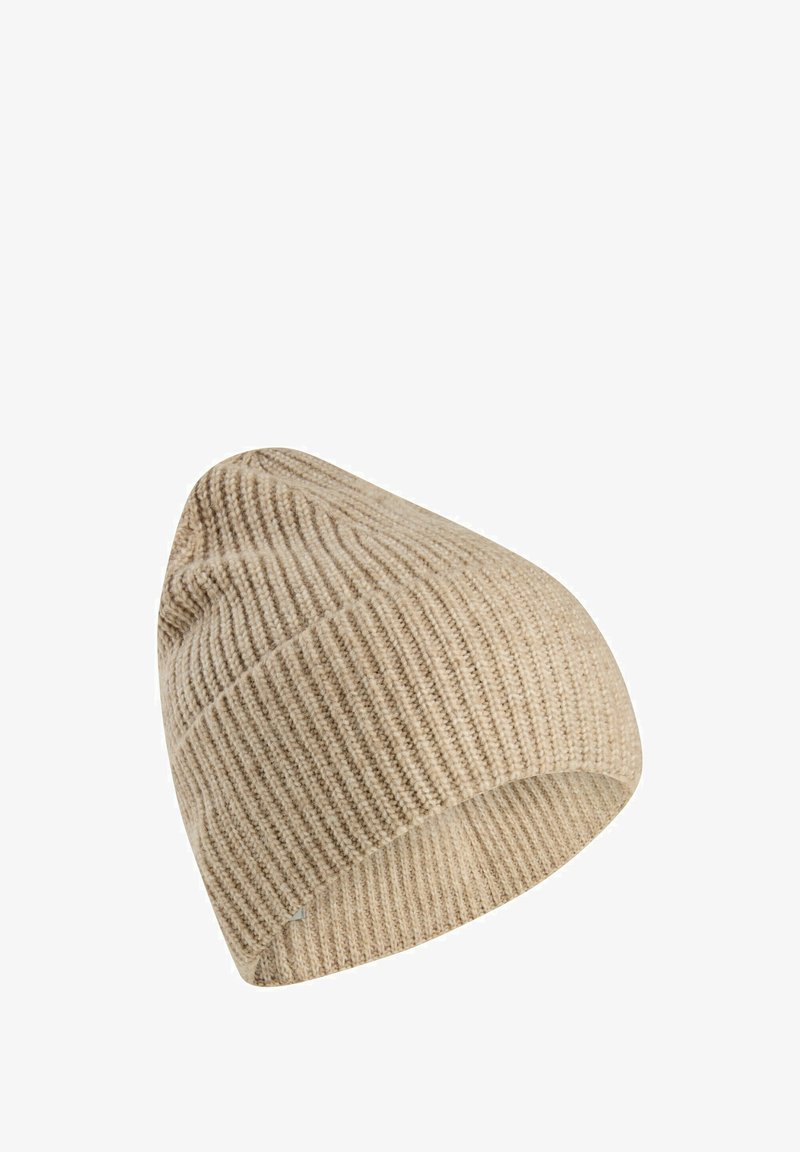 Beige knitted beanie with a ribbed texture, featuring a tapered top and a soft finish. It has a simple, seamless design without embellishments.