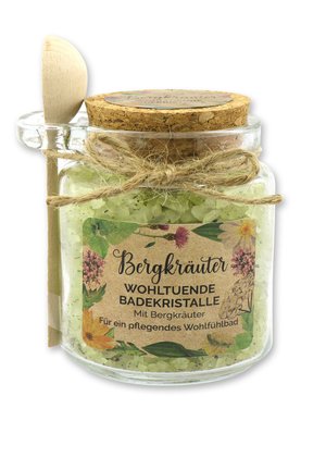 BADESALZ BERGKRÄUTER GROB  SCHAFMILCH GLAS MIT HOLZLÖFFEL  - Schaumbad & Badezusätze - beige