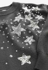 Pull gris orné d'étoiles en sequins argentés, tissu texturé, encolure ronde et poignets côtelés. Présente un détail de sequins épars.