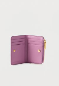 Purple leather wallet with a smooth texture, featuring multiple card slots, a zippered section, and a gold snap closure.