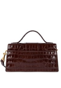 Donkerbruine croco-geembossed leren handtas met een gestructureerde vorm, bovenhandvat en afneembare schouderriem; voorzien van accenten van goudkleurige hardware.