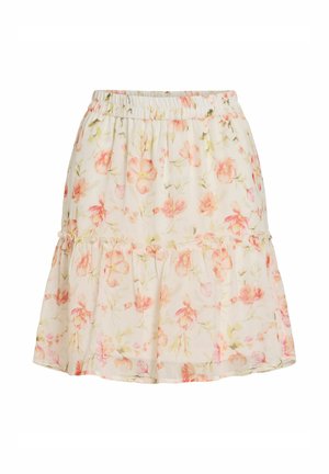 Bílá sukně s broskvovým a růžovým květinovým potiskem, elastickým pasem a volánkem na lemu.