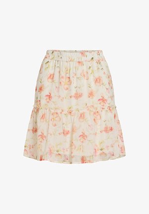 Bílá sukně s broskvovým a růžovým květinovým potiskem, elastickým pasem a volánkem na lemu.