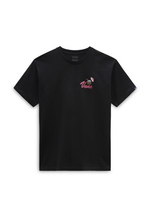 Camiseta de algodón negra con un pequeño logo de Vans en rosa, con un diseño de una bebida y una pajita, mangas cortas y cuello redondo.