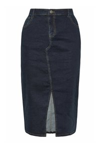 Falda de mezclilla oscura con un diseño ajustado, que presenta una abertura frontal, dos bolsillos laterales y costuras amarillas contrastantes. Cierre de botón metálico en la cintura.