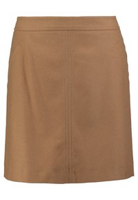 Jupe marron, longueur genou, en tissu doux, avec un design simple, des détails de coutures subtils et une coupe droite. Pas de fermetures visibles.