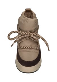 Beige wasserfeste Sneakers mit gepolstertem Kragen, braunen Wildlederelementen und geflochtenen Schnürsenkeln in Braun und Beige. Gummisohle für besseren Halt.