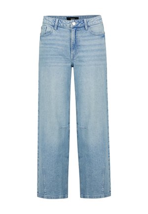 Jean denim bleu clair à coupe droite avec bouton sur le devant, passants de ceinture et légère décoloration au niveau des cuisses et des genoux.