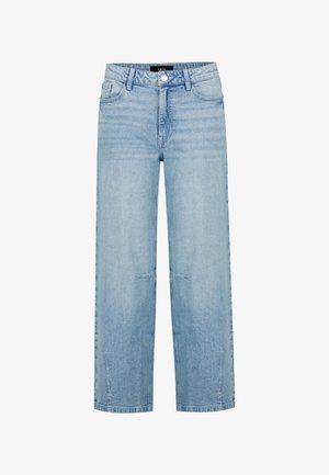 Svetlomodré džínsové nohavice s rovnou nohou, predným gombíkom, pútkami na opasok a jemným vyblednutím na stehnách a kolenách.
