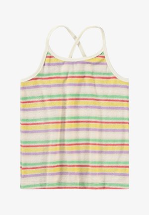 Débardeur rayé en tissu éponge doux. Présente des rayures horizontales multicolores en rouge, vert, jaune et violet. Design dos croisé.