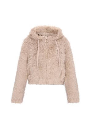 Faux-Fur-Cropped-Hoodie in hellem Beige. Mit Kapuze, Frontreißverschluss und Kordeln mit goldenen Akzenten. Weicher, strukturierter Stoff.