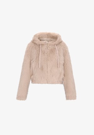 Sudadera corta de piel sintética en color beige claro. Presenta una capucha, cierre frontal con cremallera y cordones con detalles dorados. Tejido suave y texturizado.