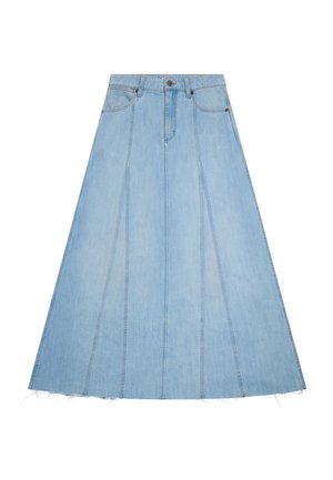 Világoskék farmer A-vonalú szoknya elöl gombos és cipzáras záródással, övbújtatókkal, elülső zsebekkel, függőleges varrásokkal és nyers szegéllyel.