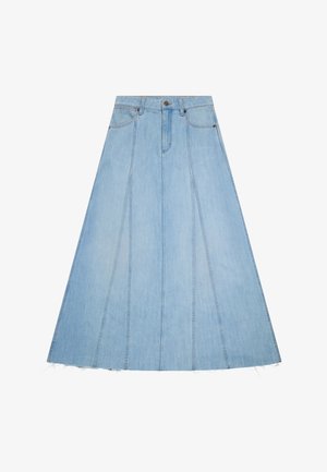 Világoskék farmer A-vonalú szoknya elöl gombos és cipzáras záródással, övbújtatókkal, elülső zsebekkel, függőleges varrásokkal és nyers szegéllyel.
