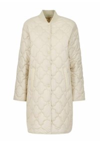 Kurtka pikowana w kolorze beżowym z okrągłym kołnierzem, zapinana na zatrzaski, z dwoma bocznymi kieszeniami oraz teksturowanym wzorem z krzywymi kształtami.