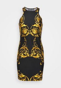 Černé bezrukávové mini šaty se zlatými květinovými a barokními vzory, s přiléhavým střihem a kulatým výstřihem.