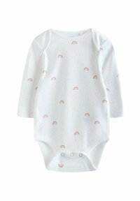 Body à manches longues blanc en coton doux, avec des motifs arc-en-ciel dispersés et de petits motifs en points ; fermeture à pression en bas.