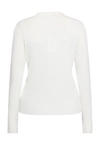 Weißes Langarmshirt mit gerippter Textur, Rundhalsausschnitt und enger Passform. Die Rückansicht zeigt keine sichtbaren Logos oder Verzierungen.