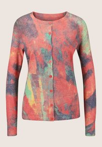 Langärmlige Knopfleiste-Cardigan mit abstraktem rot, grün, gelb und lila Aquarellähnlichem Muster und rundem Halsausschnitt.