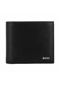 Portafoglio in pelle nera con finitura texturizzata, dotato di un logo argentato nell'angolo in basso a destra e bordi dritti.