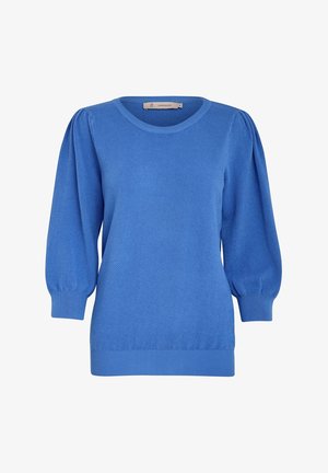 Sinine kudumiga sviiter tekstuurses mustris, ümar kaelus ja puffed pikkade varrukatega. Ribikujundusega äär ja mansetid rõhutavad disaini.