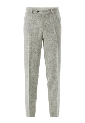 Hellgraue, maßgeschneiderte Wollhose mit Vorderfalten, einem Bund mit Gürtelschlaufen und einem einzelnen Knopfverschluss.