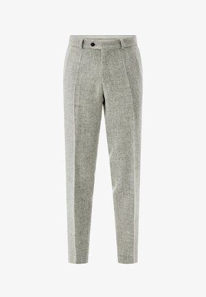 Hellgraue, maßgeschneiderte Wollhose mit Vorderfalten, einem Bund mit Gürtelschlaufen und einem einzelnen Knopfverschluss.