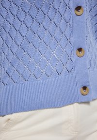 Cardigan tricotat de culoare albastră deschisă, cu un model în diamant, manșete cu nervuri și două butoane maro în față. Textură moale și design respirabil.