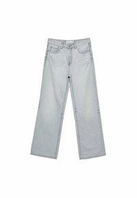 Světle šedé široké džíny s volným střihem, které mají roztrhané lemové detaily a mírné opotřebení na přední straně. Vyrobené z denimu.