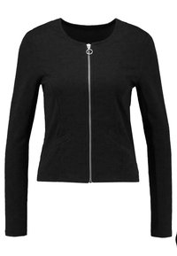 Černá dámská bunda s dlouhým rukávem, kulatým výstřihem, stříbrným předním zipem a jemným vzorem strukturované látky.