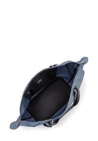 Modrá nylonová taška přes rameno s dvojicí horních držadel, zipovým uzávěrem, černou podšívkou a malou vnitřní kapsičkou. Hladký povrch.