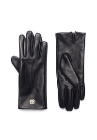 Černé kožené rukavice, přiléhavý střih s pěti prstovými přihrádkami, zdobené prošíváním na zadní straně a logem u zápěstí.