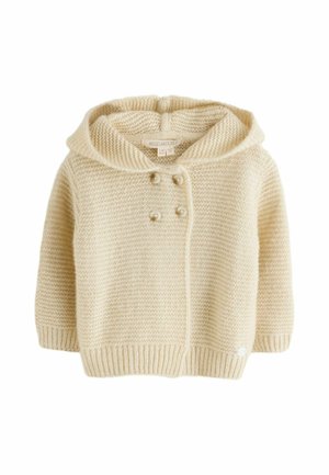Gebreid babyvestje in roomkleur met capuchon en dubbele rij van vier knopen aan de voorkant, lange mouwen en geribbelde randen.
